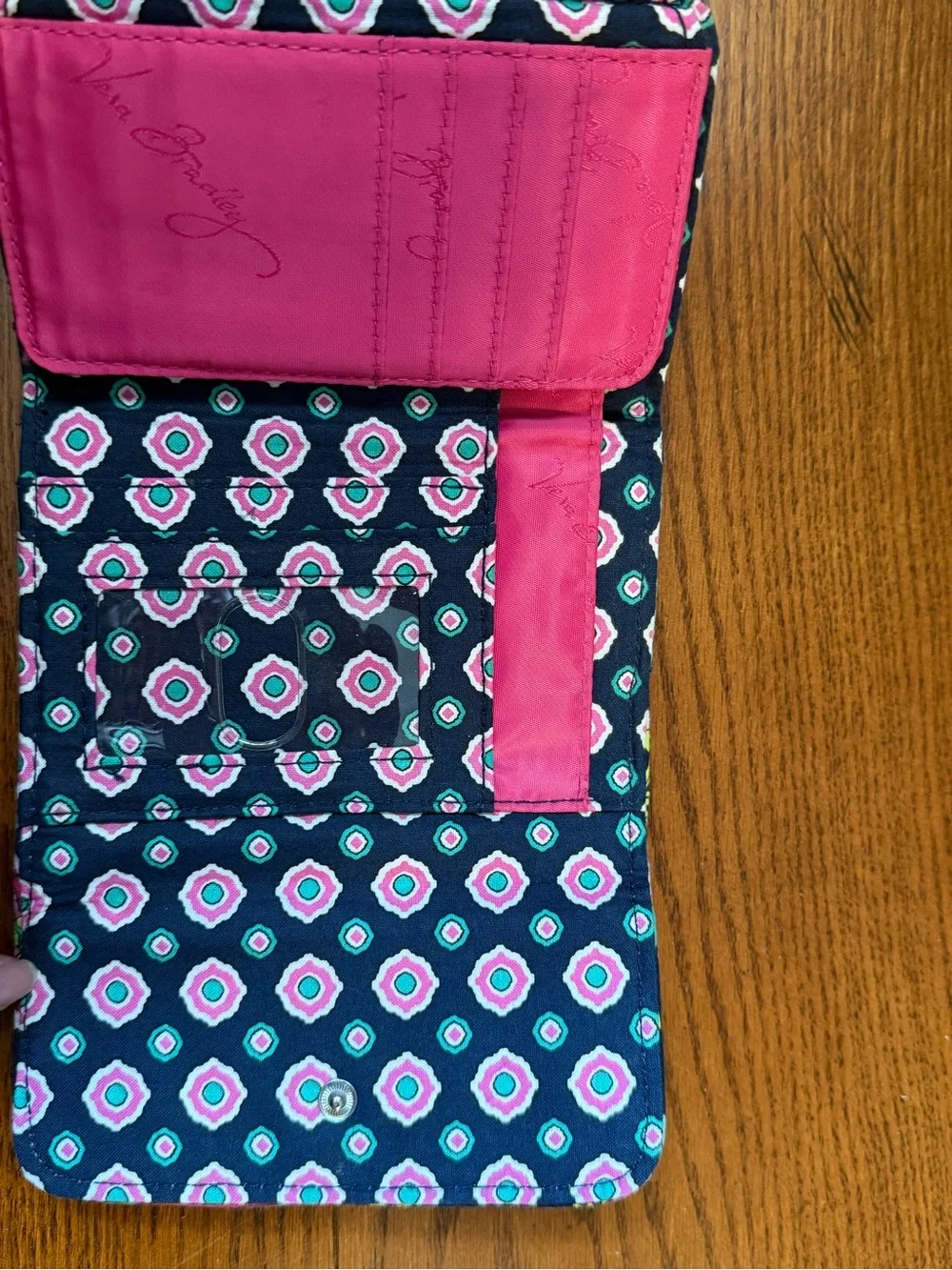 Vera Bradley Navy Floral Quilted Tri-Fold Card Holder with Pink & Green Accents